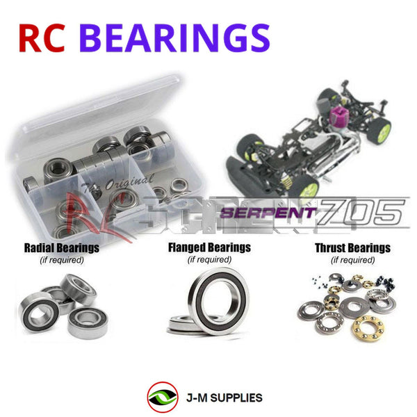 Representative image of an RCScrewZ rubber-sealed bearing kit for Serpent 705 1/10th Nitro 801040; exact bearing sizes and quantities vary by RC model.
