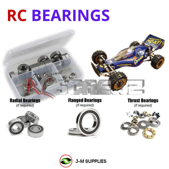 Representative image of an RCScrewZ rubber-sealed bearing kit for Tamiya Avante 1/10 Electric 4WD Buggy (58072); exact bearing sizes and quantities vary by RC model.