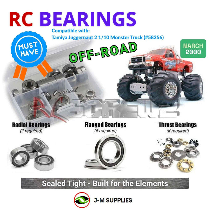 Representative image of an RCScrewZ rubber-sealed bearing kit for Tamiya Juggernaut 2 1/10 Electric 4WD Monster Truck (58256); exact bearing sizes and quantities vary by RC model.
