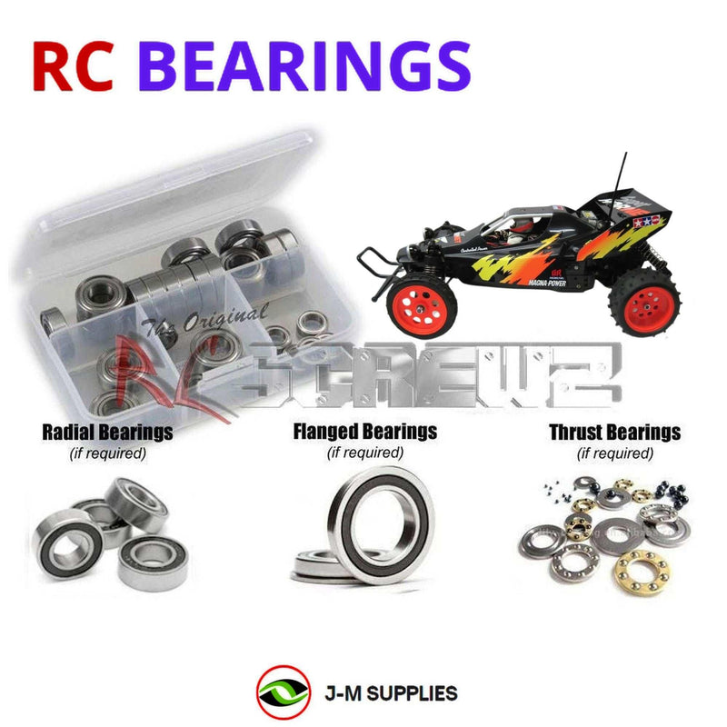 Representative image of an RCScrewZ rubber-sealed bearing kit for Tamiya Super Hornet 1/10 Electric 2WD Buggy (58124); exact bearing sizes and quantities vary by RC model.