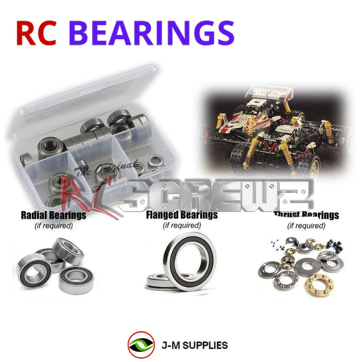 Representative image of an RCScrewZ rubber-sealed bearing kit for Tamiya Super Shot 1/10 Electric 4WD Buggy (58054); exact bearing sizes and quantities vary by RC model.