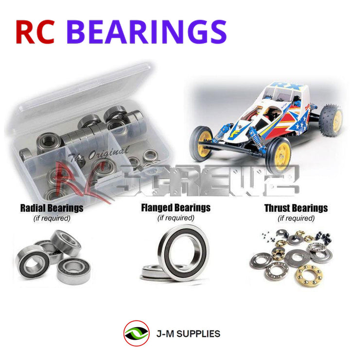 Representative image of an RCScrewZ rubber-sealed bearing kit for Tamiya Fighter Buggy RX DT-01 1/10 Electric 2WD Buggy (58184); exact bearing sizes and quantities vary by RC model.