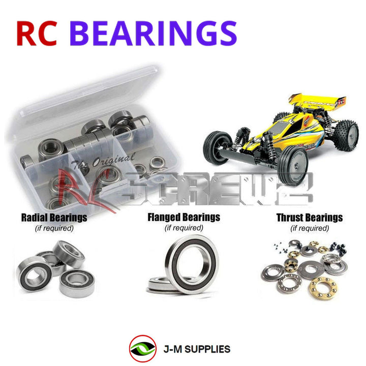 Representative image of an RCScrewZ rubber-sealed bearing kit for Tamiya Sand Viper 1/10 Electric 2WD Off-Road Buggy (58374); exact bearing sizes and quantities vary by RC model.