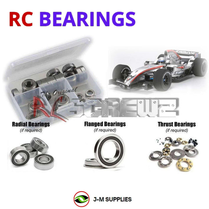 Representative image of an RCScrewZ rubber-sealed bearing kit for Tamiya F104 Pro 1/10 Electric 2WD Formula Car (84106); exact bearing sizes and quantities vary by RC model.