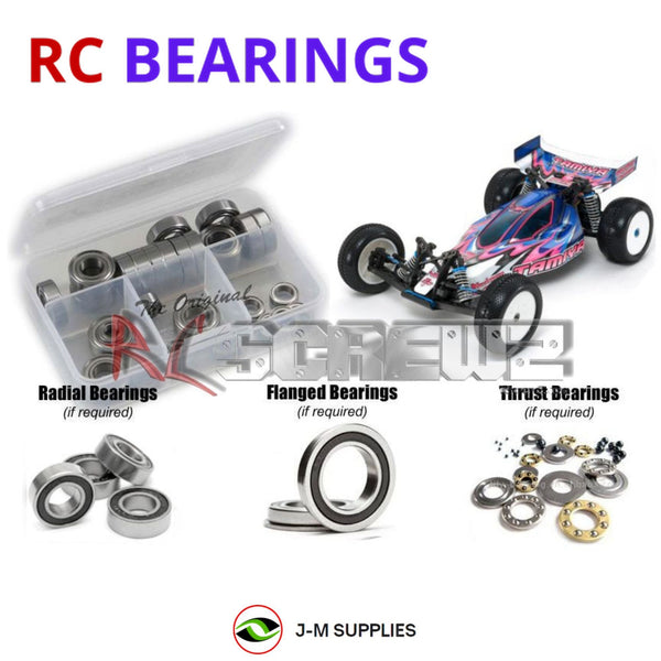 Representative image of an RCScrewZ rubber-sealed bearing kit for Tamiya TRF201 1/10 Electric 2WD Buggy (42167); exact bearing sizes and quantities vary by RC model.
