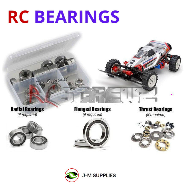 Representative image of an RCScrewZ rubber-sealed bearing kit for Tamiya Super Sabre Boomerang 1/10 Electric 4WD Buggy (58728); exact bearing sizes and quantities vary by RC model.
