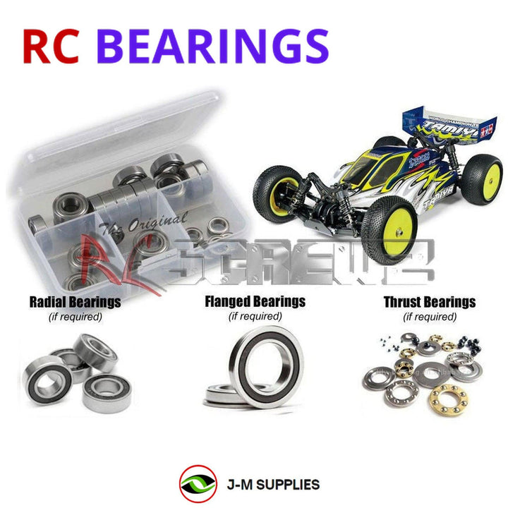 Representative image of an RCScrewZ rubber-sealed bearing kit for Tamiya DB02 Leonis 1/10 Electric 4WD Buggy (58507); exact bearing sizes and quantities vary by RC model.