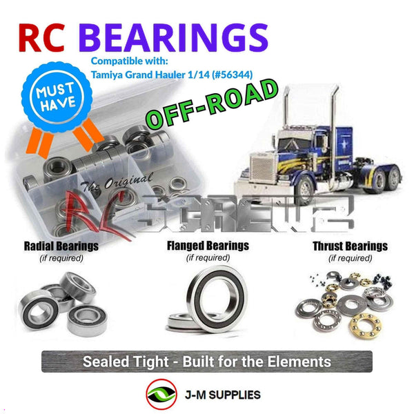 Representative image of an RCScrewZ rubber-sealed bearing kit for Tamiya Grand Hauler 1/14 Electric 6x4 Semi Truck (56344, 56343); exact bearing sizes and quantities vary by RC model.