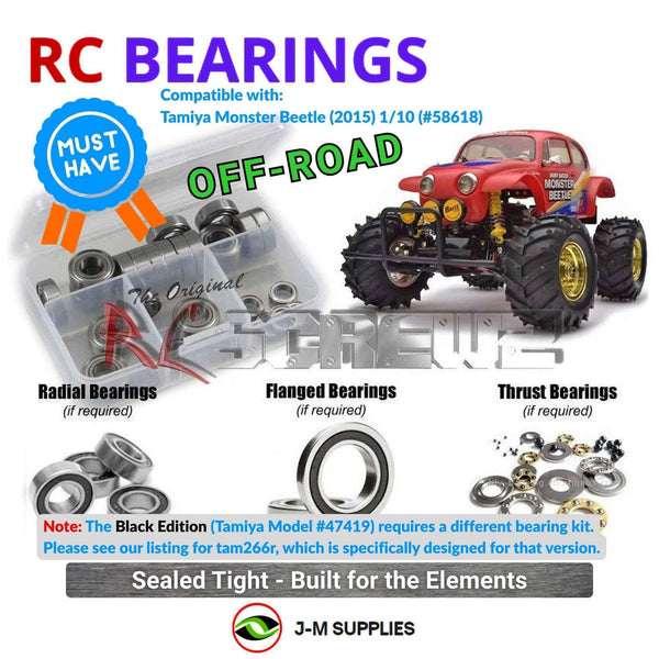 Representative image of an RCScrewZ rubber-sealed bearing kit for Tamiya Monster Beetle 2015 1/10 2WD Monster Truck (58618); exact bearing sizes and quantities vary by RC model.