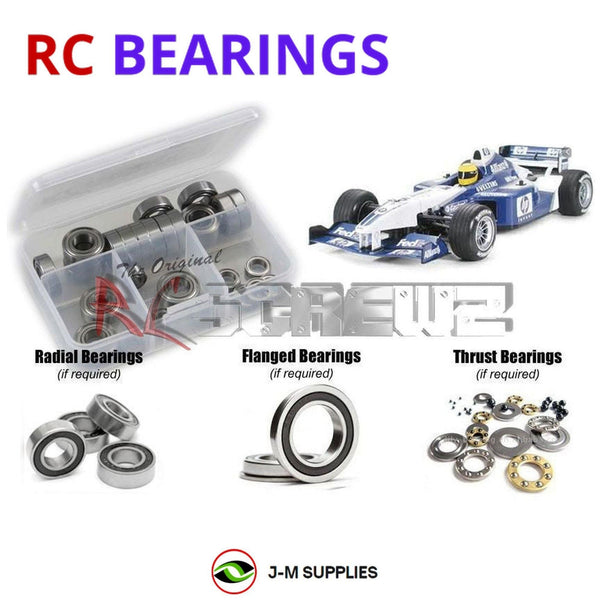 Representative image of an RCScrewZ rubber-sealed bearing kit for Tamiya Williams F1 BMW FW24 F201 1/10 Formula (58303); exact bearing sizes and quantities vary by RC model.