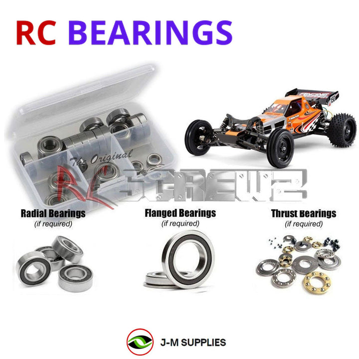 Representative image of an RCScrewZ rubber-sealed bearing kit for Tamiya Racing Fighter DT-03 1/10 2WD Buggy (58628); exact bearing sizes and quantities vary by RC model.