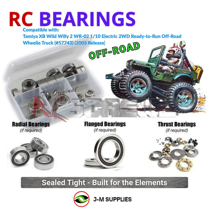 Representative image of an RCScrewZ rubber-sealed bearing kit for Tamiya XB Wild Willy 2 WR-02 1/10 Electric 2WD Truck (57743); exact bearing sizes and quantities vary by RC model.