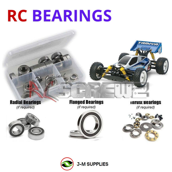 Representative image of an RCScrewZ rubber-sealed bearing kit for Tamiya TT-02B 1/10 Electric 4WD Buggy (57987); exact bearing sizes and quantities vary by RC model.