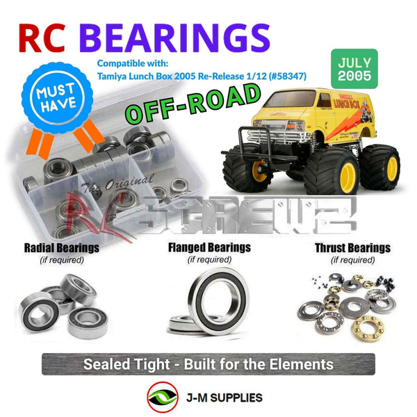 Representative image of an RCScrewZ rubber-sealed bearing kit for Tamiya Lunch Box Re-Release 1/12 Electric 2WD Van (58347); exact bearing sizes and quantities vary by RC model.