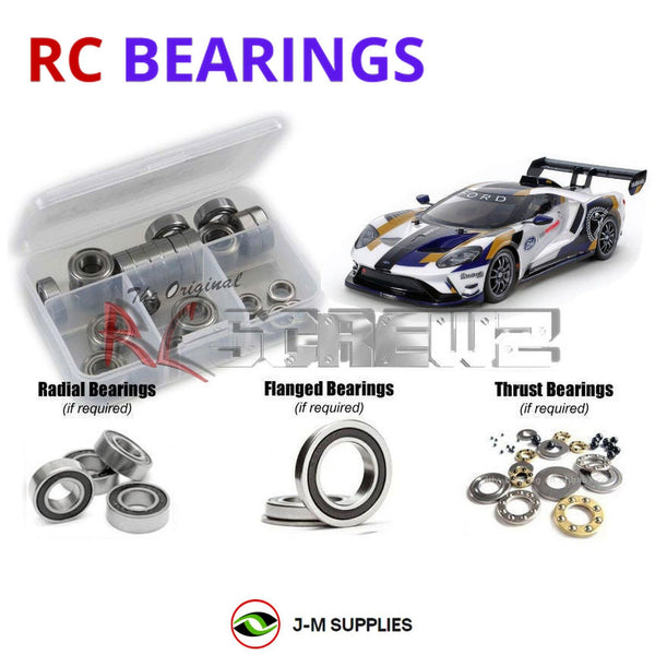 Representative image of an RCScrewZ rubber-sealed bearing kit for Tamiya Ford GT Mk II TT-02 1/10 Electric 4WD Touring Car (58689); exact bearing sizes and quantities vary by RC model.