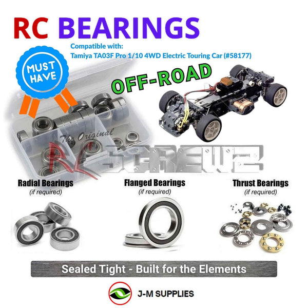 Representative image of an RCScrewZ rubber-sealed bearing kit for Tamiya TA03F Pro 1/10 Electric 4WD Touring Car (58177); exact bearing sizes and quantities vary by RC model.