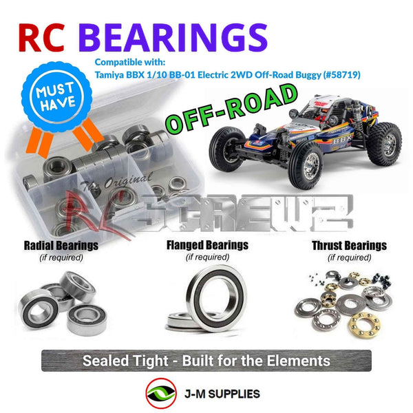 Representative image of an RCScrewZ rubber-sealed bearing kit for Tamiya BBX BB-01 1/10 Electric 2WD Buggy (58719); exact bearing sizes and quantities vary by RC model.