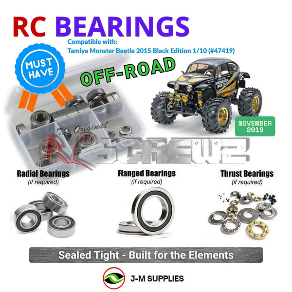 Representative image of an RCScrewZ rubber-sealed bearing kit for Tamiya Monster Beetle Black 1/10 Electric 2WD Truck (47419); exact bearing sizes and quantities vary by RC model.