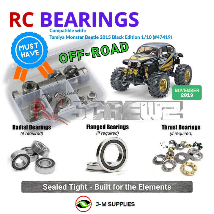 Representative image of an RCScrewZ rubber-sealed bearing kit for Tamiya Monster Beetle Black 1/10 Electric 2WD Truck (47419); exact bearing sizes and quantities vary by RC model.