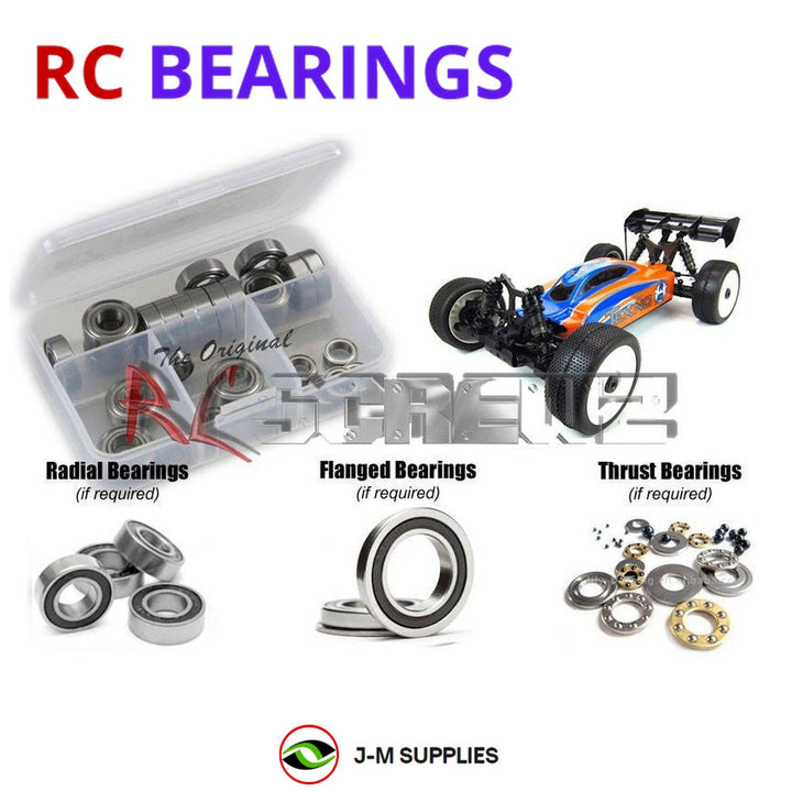 Representative image of an RCScrewZ rubber-sealed bearing kit for Tekno EB48 1/8 Electric 4WD Buggy (TKR5000); exact bearing sizes and quantities vary by RC model.