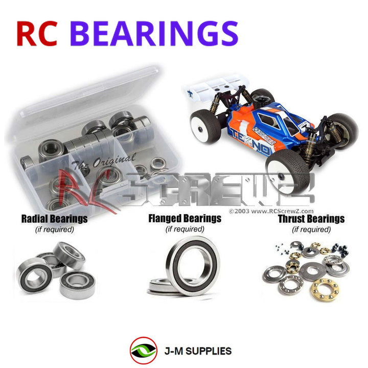 Representative image of an RCScrewZ rubber-sealed bearing kit for Tekno NB48.4 1/8 Nitro 4WD Buggy (TKR8300); exact bearing sizes and quantities vary by RC model.