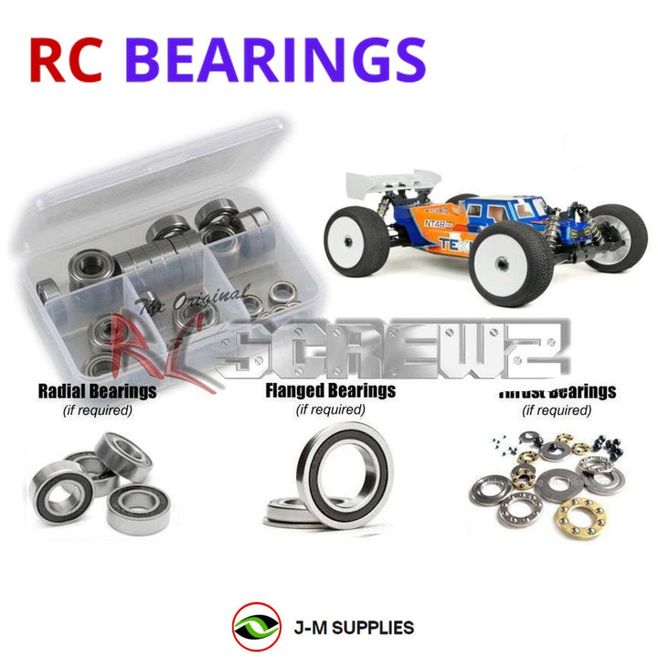 Representative image of an RCScrewZ rubber-sealed bearing kit for Tekno NT48 2.0 1/8 Nitro 4WD Truggy (TKR9400); exact bearing sizes and quantities vary by RC model.