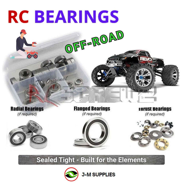 Representative image of an RCScrewZ rubber-sealed bearing kit for Traxxas Revo 3.3 1/10 Nitro 4WD MT (53097, 53097-3); exact bearing sizes and quantities vary by RC model.