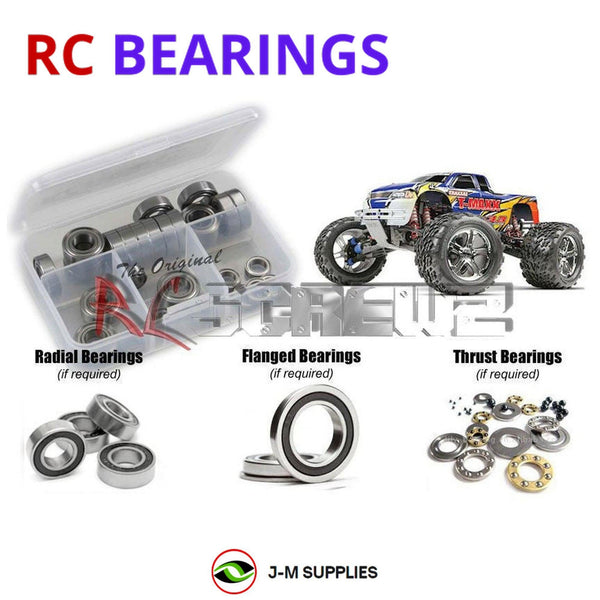 Representative image of an RCScrewZ rubber-sealed bearing kit for Traxxas T-Maxx 3.3 1/10 Nitro 4WD MT (4907); exact bearing sizes and quantities vary by RC model.