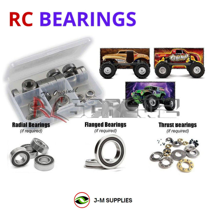 Representative image of an RCScrewZ rubber-sealed bearing kit for Traxxas Monster Jam 1/10 Electric 2WD MT; exact bearing sizes and quantities vary by RC model.