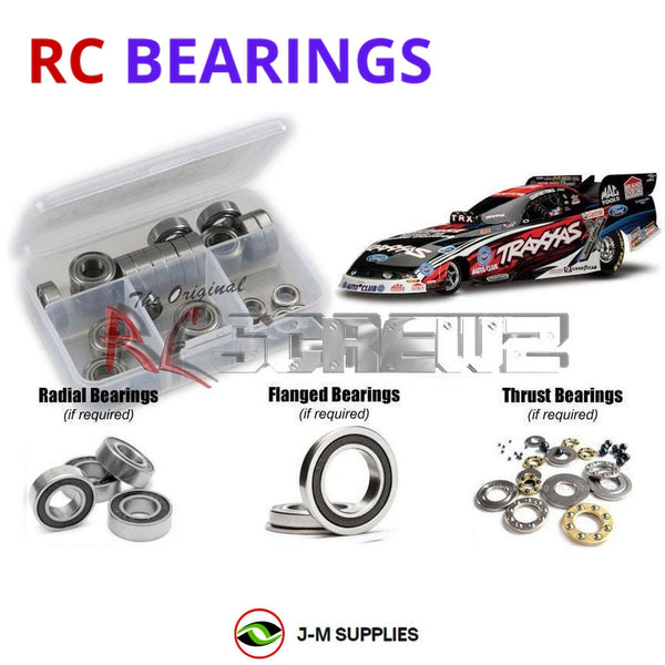 Representative image of an RCScrewZ rubber-sealed bearing kit for Traxxas NHRA Funny Car 1/8 Electric 2WD Drag Car (6907); exact bearing sizes and quantities vary by RC model.