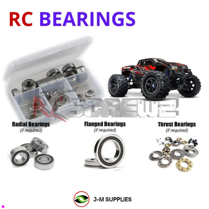 Representative image of an RCScrewZ rubber-sealed bearing kit for Traxxas X-Maxx 4X4 TSM 1/5 Electric 4WD MT (77076-3); exact bearing sizes and quantities vary by RC model.
