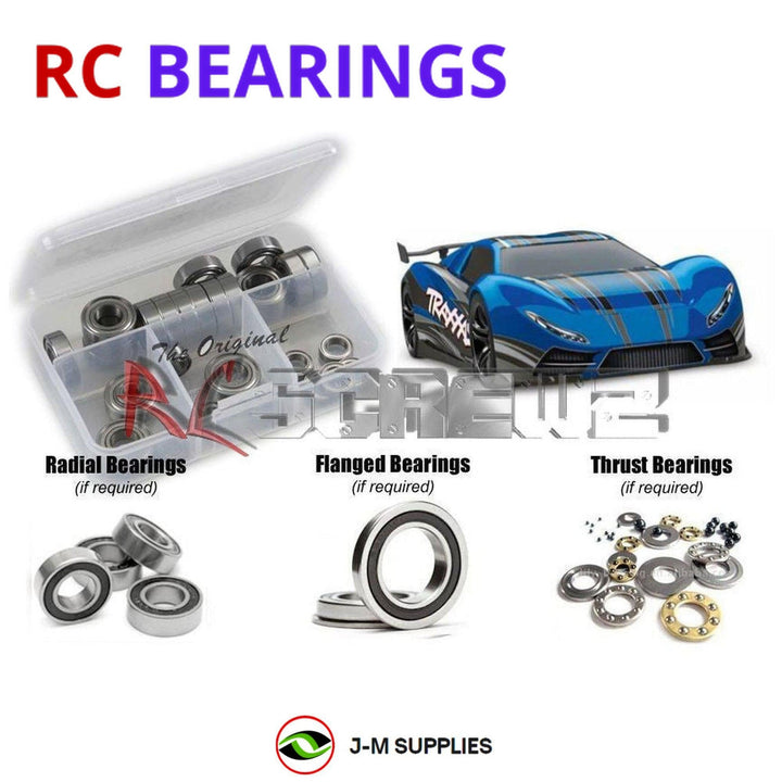 Representative image of an RCScrewZ rubber-sealed bearing kit for Traxxas XO-1 AWD 1/7 Electric Supercar (64077-3); exact bearing sizes and quantities vary by RC model.