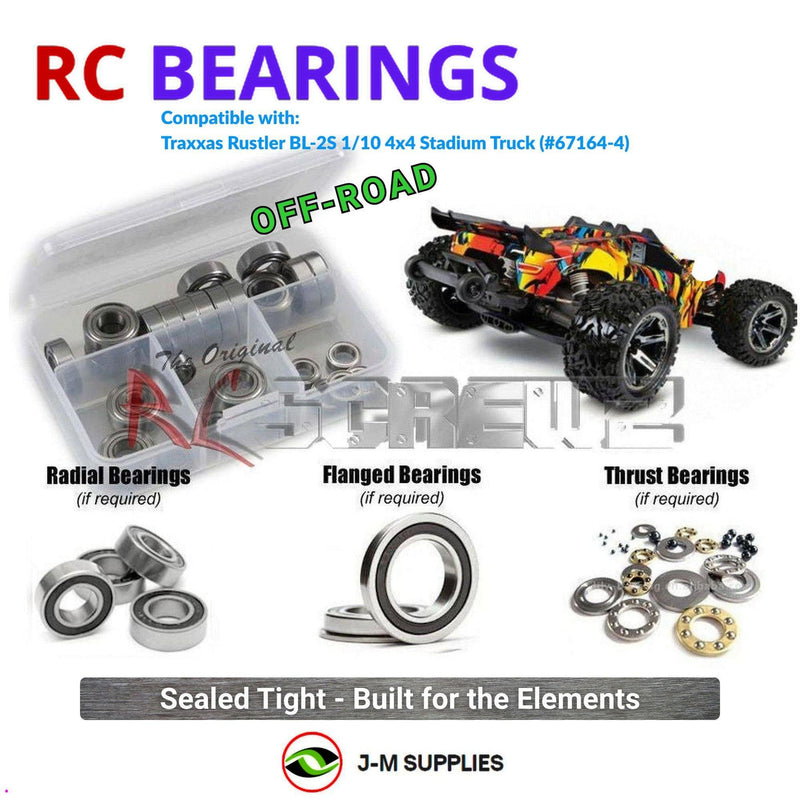 Representative image of an RCScrewZ rubber-sealed bearing kit for Traxxas Rustler BL-2S 1/10 4WD Stadium Truck (67164-4); exact bearing sizes and quantities vary by RC model.