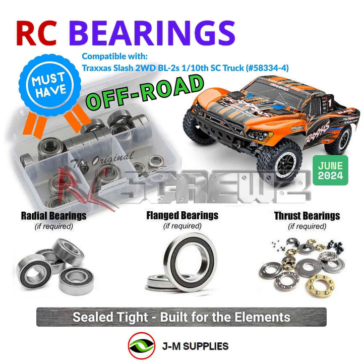 Representative image of an RCScrewZ rubber-sealed bearing kit for Traxxas Slash 2WD BL-2S 1/10 SCT (58334-4); exact bearing sizes and quantities vary by RC model.