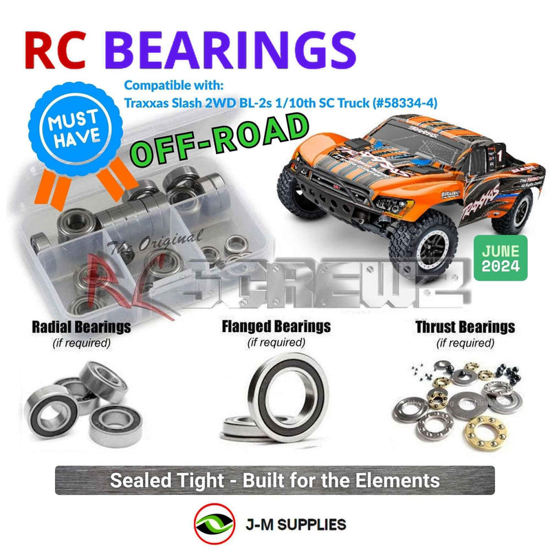 Representative image of an RCScrewZ rubber-sealed bearing kit for Traxxas Slash 2WD BL-2S 1/10 SCT (58334-4); exact bearing sizes and quantities vary by RC model.