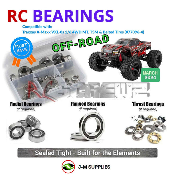 Representative image of an RCScrewZ rubber-sealed bearing kit for Traxxas X-Maxx 8S Belted 1/6 MT (77096-4); exact bearing sizes and quantities vary by RC model.