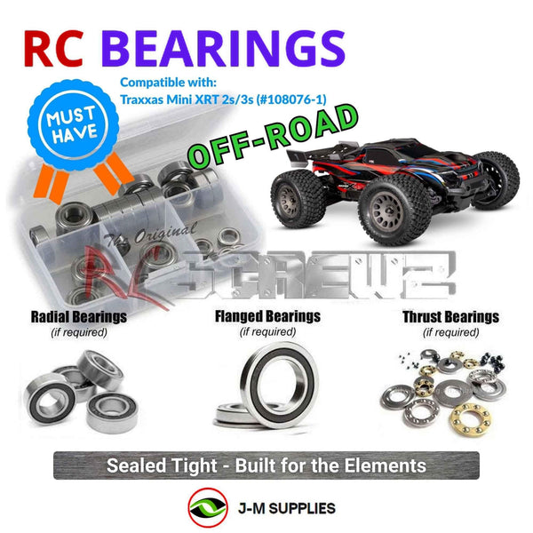 Representative image of an RCScrewZ rubber-sealed bearing kit for Traxxas Mini XRT VXL-3S 4WD Monster Truck (108076-1); exact bearing sizes and quantities vary by RC model.