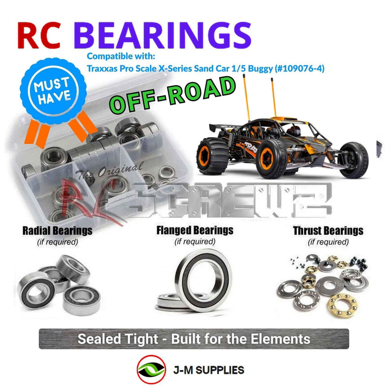 Representative image of an RCScrewZ rubber-sealed bearing kit for Traxxas X-Series Sand Car 1/5 2WD Sand Rail (109076-4); exact bearing sizes and quantities vary by RC model.