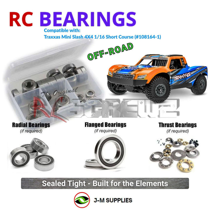 Representative image of an RCScrewZ rubber-sealed bearing kit for Traxxas Mini Slash 4X4 BL-2S 1/16 SCT (108164-1); exact bearing sizes and quantities vary by RC model.