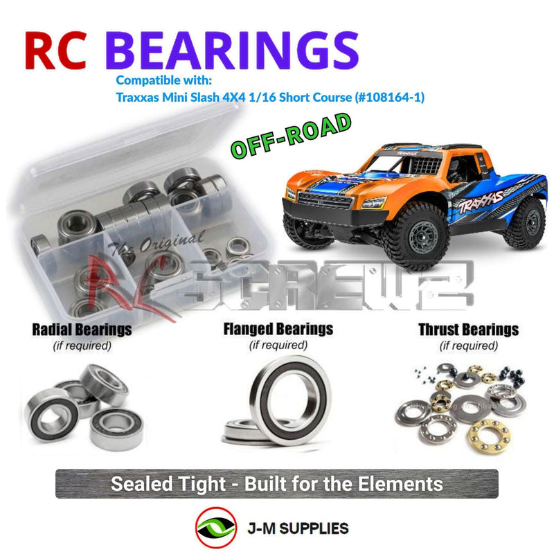 Representative image of an RCScrewZ rubber-sealed bearing kit for Traxxas Mini Slash 4X4 BL-2S 1/16 SCT (108164-1); exact bearing sizes and quantities vary by RC model.