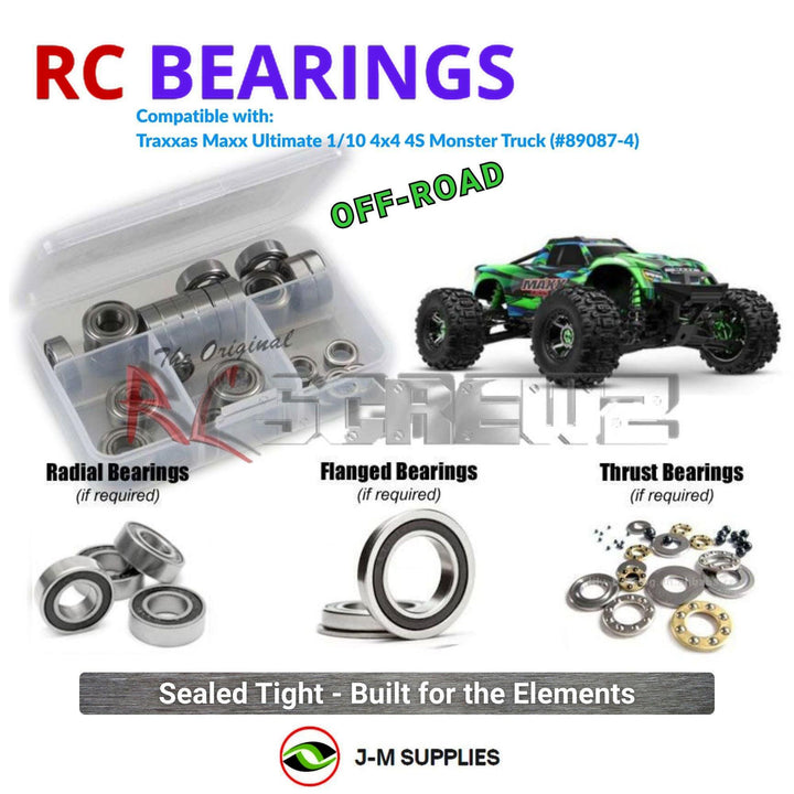 Representative image of an RCScrewZ rubber-sealed bearing kit for Traxxas Maxx Ultimate VXL-4S 1/10 4WD MT (89087-4); exact bearing sizes and quantities vary by RC model.