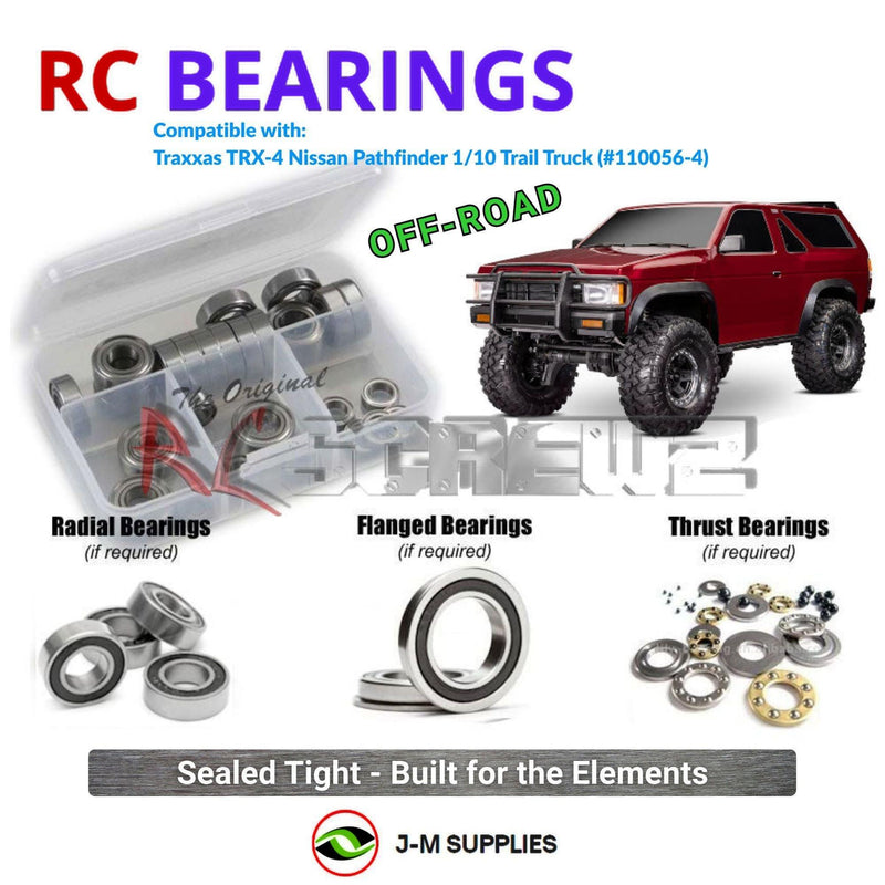 Representative image of an RCScrewZ rubber-sealed bearing kit for Traxxas TRX-4 1988 Nissan Pathfinder 1/10 (110056-4); exact bearing sizes and quantities vary by RC model.