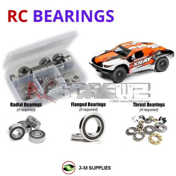 Representative image of an RCScrewZ rubber-sealed bearing kit for XRAY SCX 2023 2WD #320301; exact bearing sizes and quantities vary by RC model.