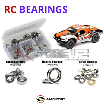 Representative image of an RCScrewZ rubber-sealed bearing kit for XRAY SCX 2023 2WD #320301; exact bearing sizes and quantities vary by RC model.