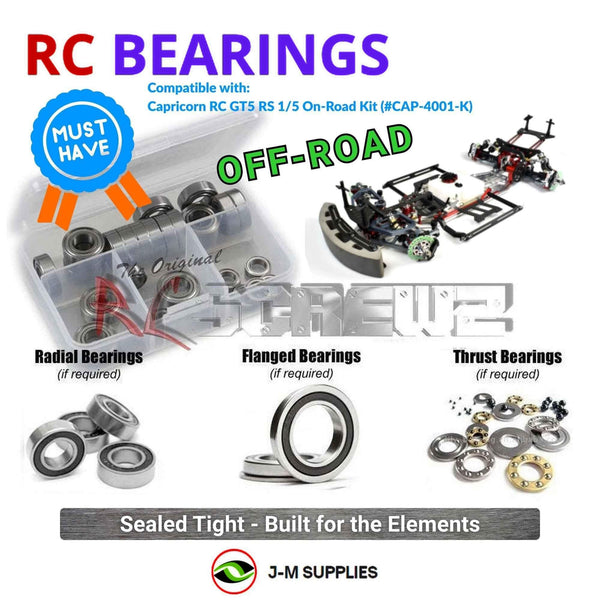 Representative image of an RCScrewZ rubber-sealed bearing kit for Capricorn RC GT5 RS 1/5 On‑Road Kit (#CAP‑4001‑K); exact bearing sizes and quantities vary by RC model.