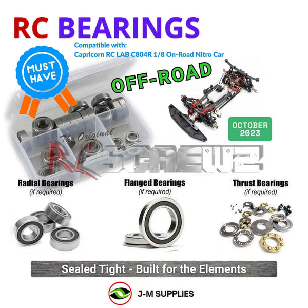 Representative image of an RCScrewZ rubber-sealed bearing kit for Capricorn RC LAB C804R 1/8 On-Road Nitro Car; exact bearing sizes and quantities vary by RC model.