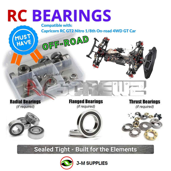 Representative image of an RCScrewZ rubber-sealed bearing kit for Capricorn RC GT2 Nitro 1/8th On-road 4WD GT Car; exact bearing sizes and quantities vary by RC model.