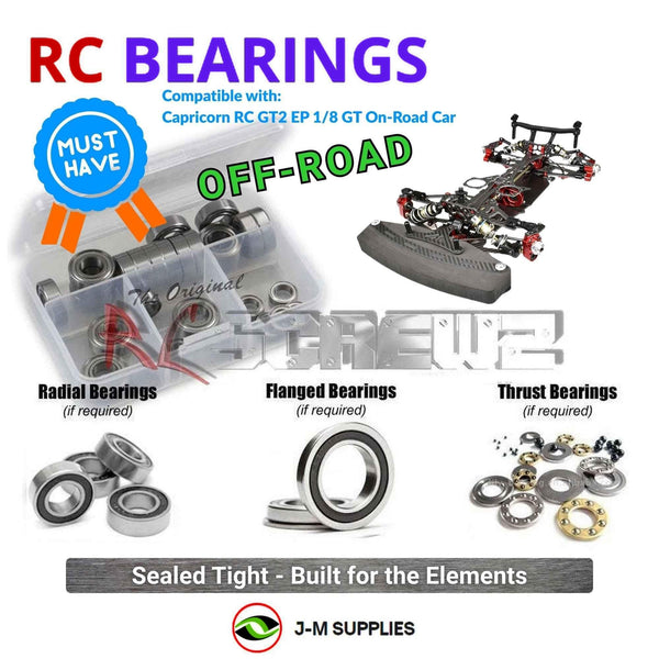 Representative image of an RCScrewZ rubber-sealed bearing kit for Capricorn RC GT2 EP 1/8 GT On‑Road Car; exact bearing sizes and quantities vary by RC model.