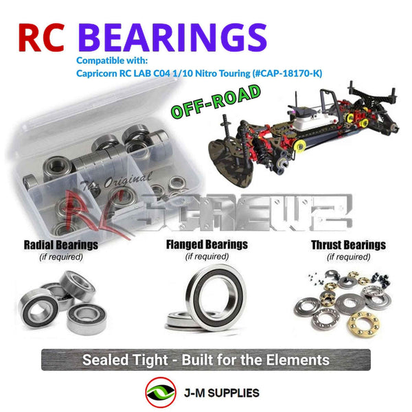 Representative image of an RCScrewZ rubber-sealed bearing kit for Capricorn RC LAB C04 1/10 Nitro Touring (#CAP-18170-K); exact bearing sizes and quantities vary by RC model.
