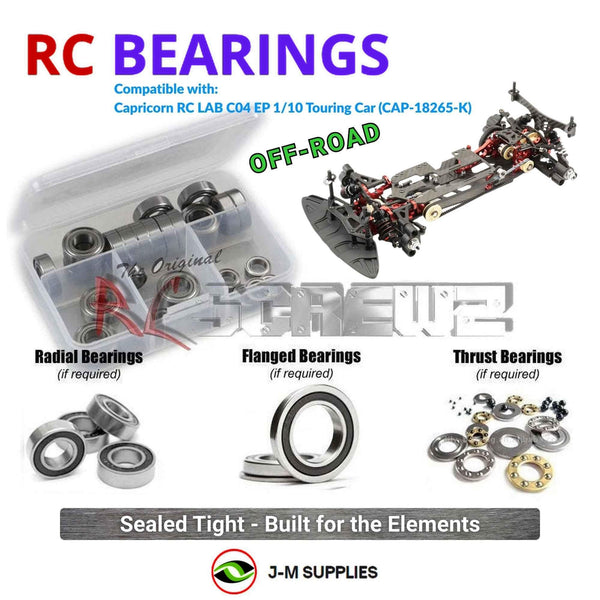 Representative image of an RCScrewZ rubber-sealed bearing kit for Capricorn RC LAB C04 EP 1/10 Touring Car (CAP-18265-K); exact bearing sizes and quantities vary by RC model.